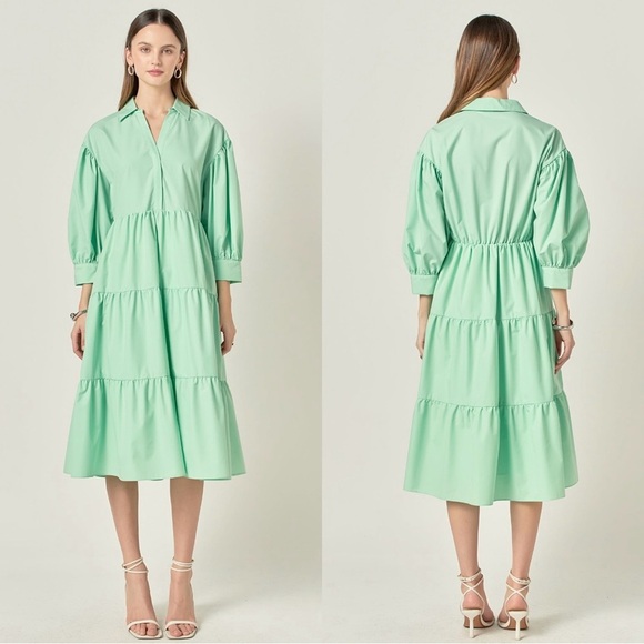 Anthropologie Dresses & Skirts - English Factory • V Neckline Mint Puff Sleeve Midi Dress Sz XS Cottagecore